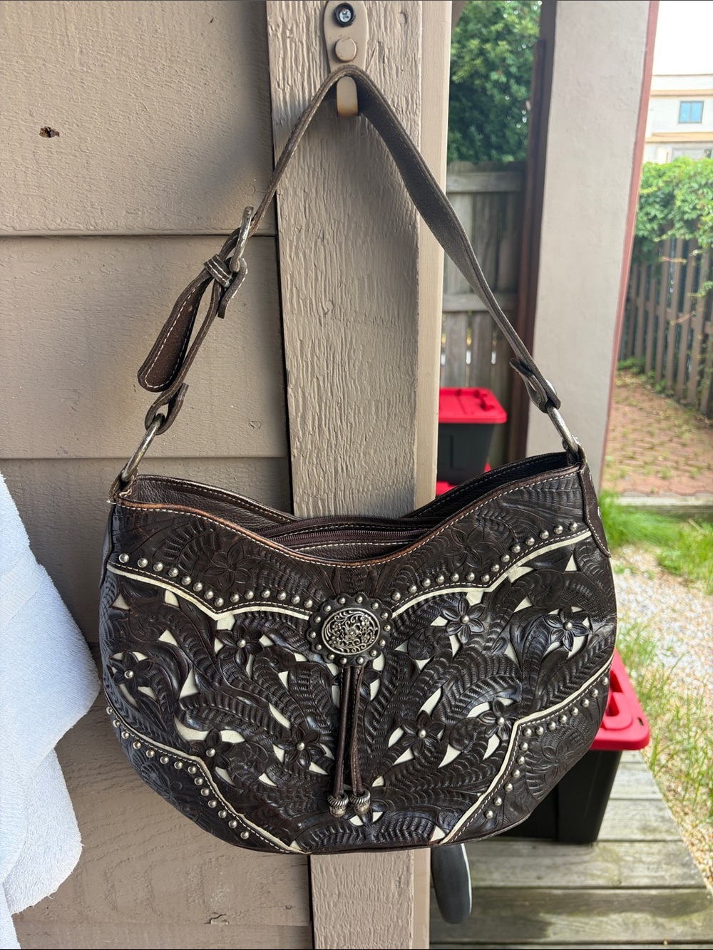 American West Dark Brown Floral Tooled Shoulder Bag with Ivory Insets